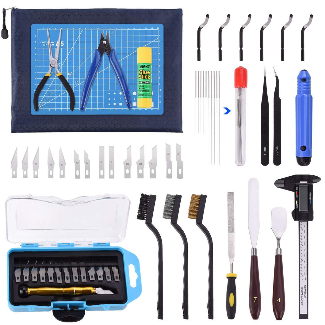 3D Printing Tool Kit 45pcs - Carving Knife Set / Cleaning Needles / Tweezers / Pliers / Scrapers / Caliper - 3D Printernational